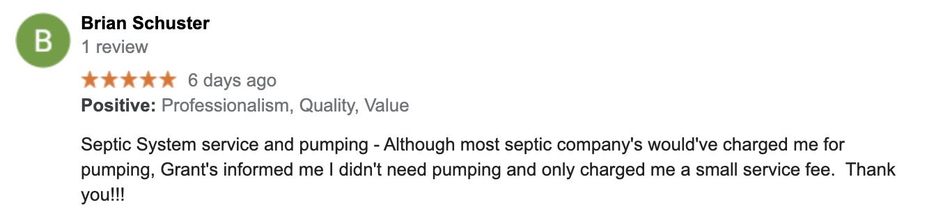 Grant's Septic Techs review by Brian Schuster