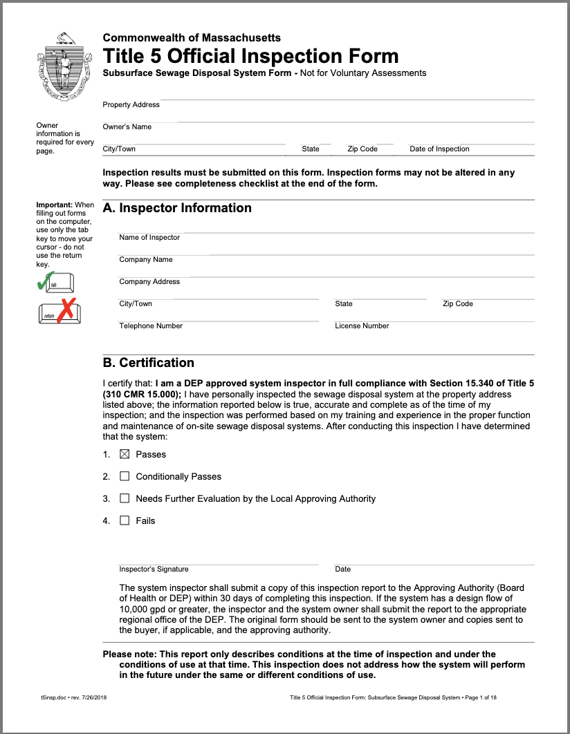 Title 5 Inspection Report for service by Grants Septic Techs